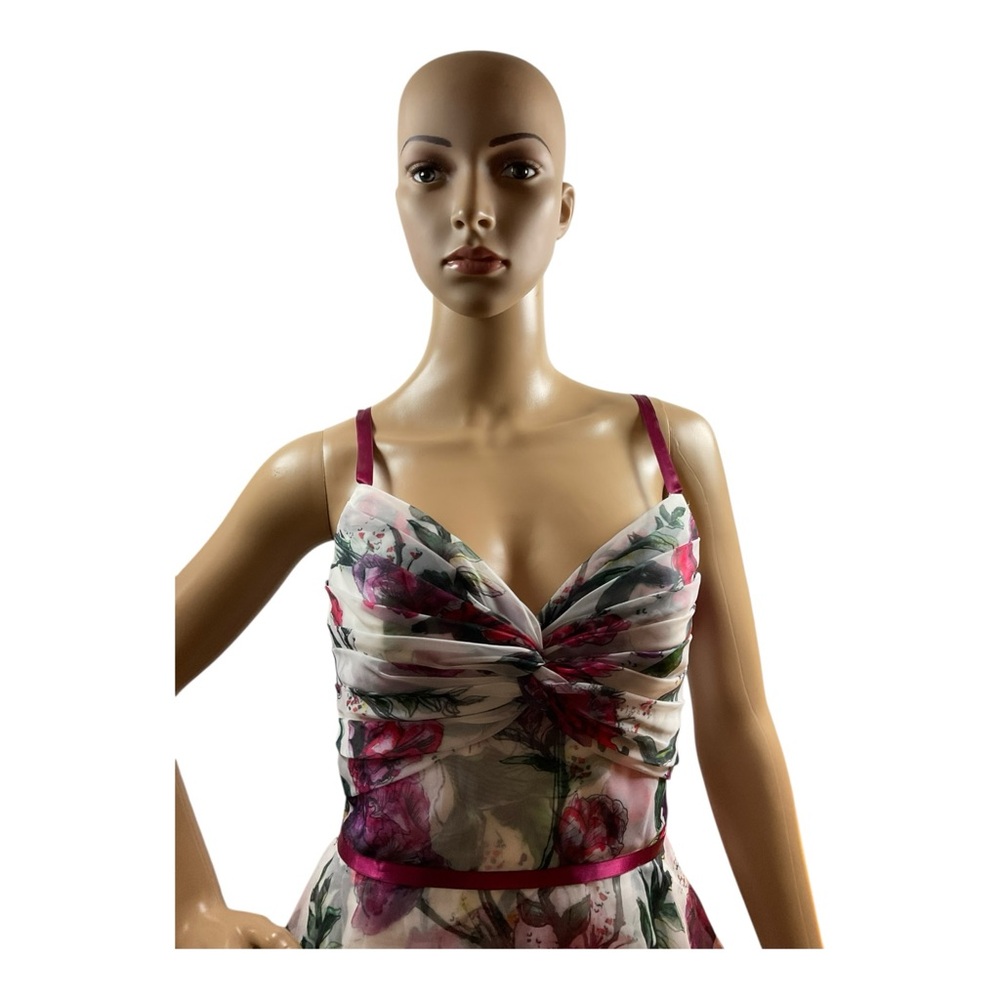 Marchesa Notte WomenFloral Tiered WhitePink Ruffle Fit & Flare Midi Dress Size 6 - Picture 2 of 16